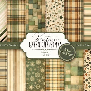 Vintage kerstpatronen digitaal papier, afdrukbaar rustiek groen kerstplaid plakboekpapier, digitale download