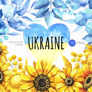 May include: Watercolour clipart of sunflowers and blue eucalyptus leaves with a heart-shaped Ukrainian flag in the centre. The text "UKRAINE" is written in black on the flag. The text "WATERCOLOUR CLIPART" and "30 PNG" are also included in the image.