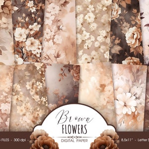 Papel digital aquarela floral marrom, papel de álbum de recortes de casamento chique marrom abstrato bege marrom, coisas efêmeras imprimíveis