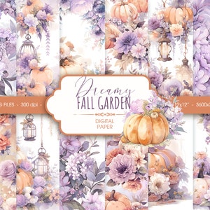 Kürbis digitales Papier, florales Herbst Scrapbook Papier, Aquarell Blumen und Kürbis Hochzeit im Herbst, digitaler Download