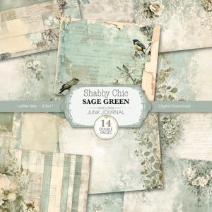 Puede incluir: Una descarga digital de un diario de arte Shabby Chic Sage Green. La imagen presenta un collage de texturas de papel envejecido en tonos verde salvia, crema y beige, con detalles florales y de pájaros. El diario incluye 14 páginas dobles.