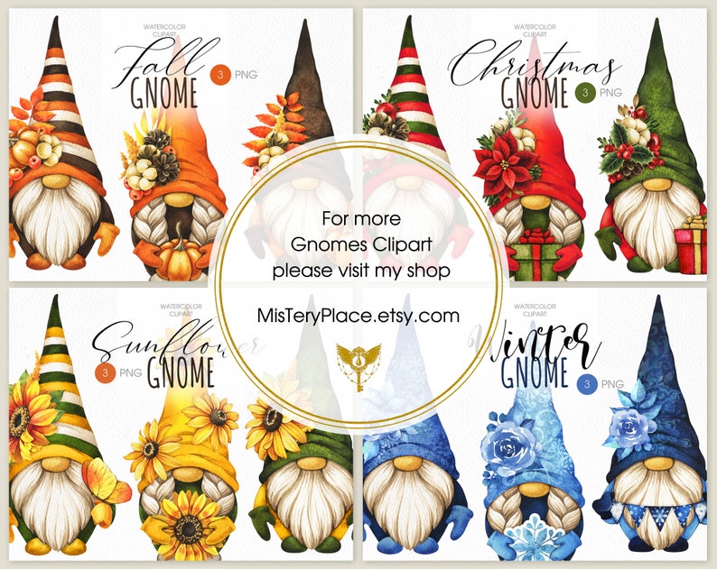 May include: A set of four watercolor gnome illustrations, each representing a different season. The gnomes are depicted with various seasonal elements, such as pumpkins, sunflowers, Christmas ornaments, and snowflakes. The text "For more Gnomes Clipart please visit my shop MisTeryPlace.etsy.com" is included in the image.