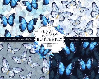 Blue butterfly digital paper. Watercolor butterfly seamless pattern. Digital background PNG