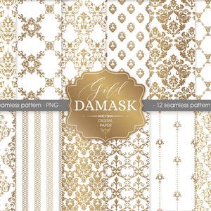 Pakiet papierowy Gold Adamask Digital. Wiktoriański wzór bezszwowy wzór PNG. Klipart ozdoba ślubna