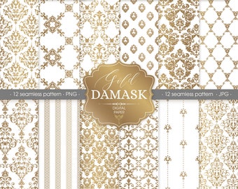 Gold Damask Digital paper pack. Victorian pattern seamless pattern PNG. Wedding ornament clipart