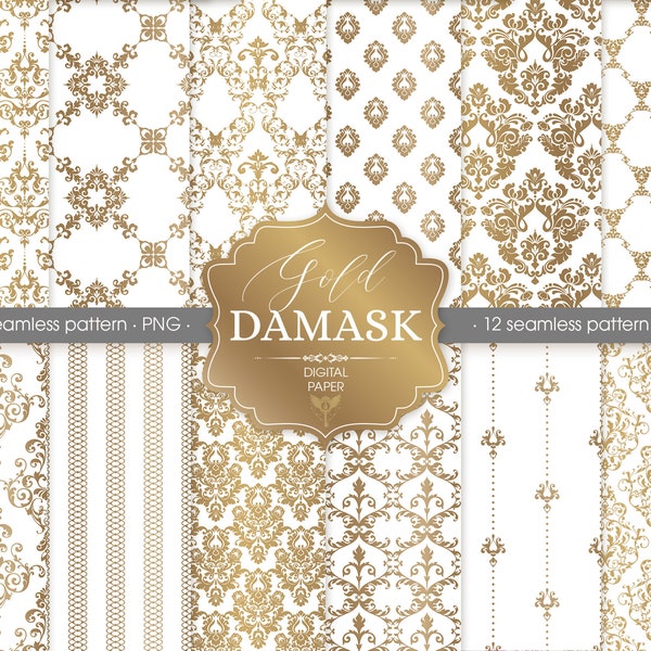 Gold Damask Digital paper pack. Victorian pattern seamless pattern PNG. Wedding ornament clipart