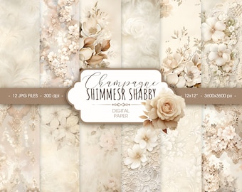 May include: Twelve digital paper designs featuring a champagne shimmer shabby chic theme. The papers feature floral patterns, lace, and a soft color palette of cream, beige, and white. Each paper is 12 inches by 12 inches and 3600 pixels by 3600 pixels.