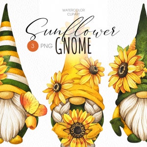 Tournesol gnome PNG clipart. Nain de jardin mignon aquarelle clipart