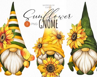 Sunflower gnome PNG clipart. Garden gnome cute watercolor clipart