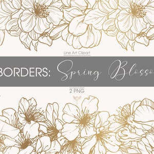 Frühling Blumen Umrandung PNG Clipart. Gold Frühling florale Linie Kunst Clipart. Sakura Kirschblüte botanische Hochzeit Clipart