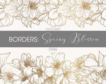 Clipart de borda floral dourada de primavera, desenho de linha de sakura (PNG)