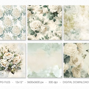 K&ouml;nnte beinhalten: Zw&ouml;lf digitale Papierdesigns mit wei&szlig;en Rosen und gr&uuml;nen Bl&auml;ttern auf wei&szlig;em Hintergrund. Die Papiere sind 3600x3600 Pixel gro&szlig; und haben eine Aufl&ouml;sung von 300 dpi.
