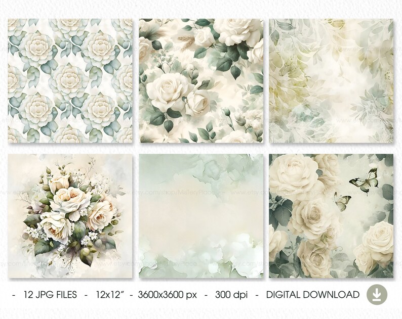 K&ouml;nnte beinhalten: Zw&ouml;lf digitale Papierdesigns mit wei&szlig;en Rosen und gr&uuml;nen Bl&auml;ttern auf wei&szlig;em Hintergrund. Die Papiere sind 3600x3600 Pixel gro&szlig; und haben eine Aufl&ouml;sung von 300 dpi.