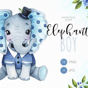 Baby boy elephant PNG clipart. Elephant - cute watercolor clip art. Baby shower clipart