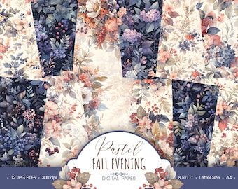 Pastel fall flowers digital paper, autumn scrapbook paper, fall floral background for journal, digital download