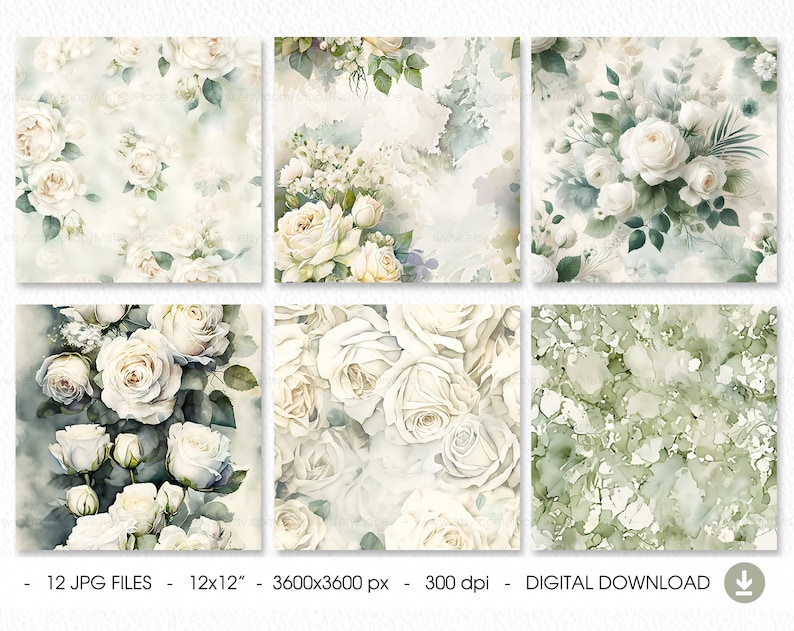 K&ouml;nnte beinhalten: Zw&ouml;lf digitale Papierdesigns mit Aquarell-Illustrationen von wei&szlig;en Rosen und gr&uuml;nem Laub auf hellgr&uuml;nem Hintergrund. Die Papiere sind 3600x3600 Pixel gro&szlig; und haben 300 dpi.