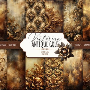 Antiek goud Victoriaans digitaal papier, vintage damast shabby chic plakboekpapier, afdrukbaar junkdagboek, kortstondig