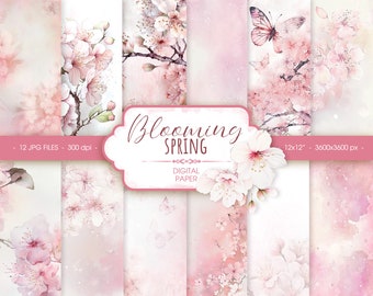 Papel digital de acuarela floral rubor, papel de álbum de recortes de acuarela de primavera rosa abstracto