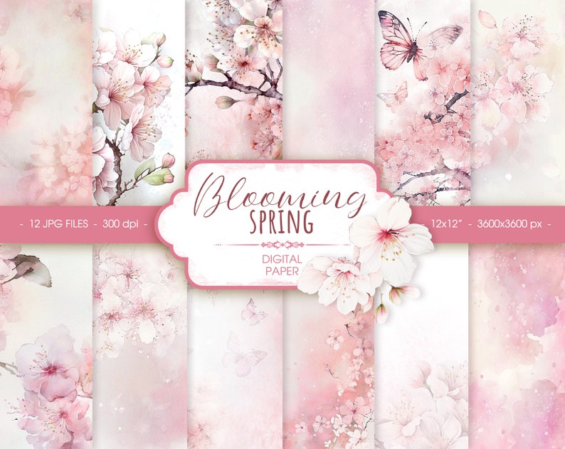Blush floral watercolor digital paper, abstract pink spring watercolor scrapbook paper image 1
