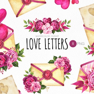 Cartas de amor PNG clipart. Imágenes prediseñadas florales de San Valentín vintage. Flores, cartas, sobres y corazones de color rosa acuarela.