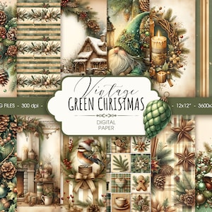 Vintage Green Christmas digital paper, printable Magic Rustic Christmas scrapbook paper, digital download