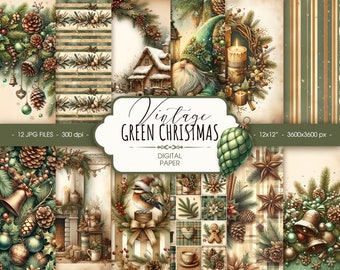 Puede incluir: Un paquete de papel digital con 12 diseños navideños vintage en verde, marrón y blanco. Los diseños incluyen un gnomo, un pájaro, una corona, una casa y una variedad de elementos navideños. El texto "Vintage Green Christmas" se muestra en el centro de la imagen.