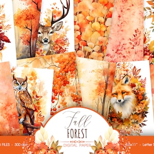 Papel digital da floresta de outono, papel de álbum de aquarela de outono, fundo floral de outono para diário, download digital