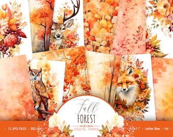 Fall forest digital paper, autumn watercolor scrapbook paper, fall floral background for journal, digital download
