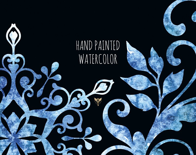 Puede incluir: Dise&ntilde;o floral azul en acuarela con un copo de nieve en el centro. El dise&ntilde;o est&aacute; sobre un fondo negro y el texto "HAND PAINTED WATERCOLOR" est&aacute; en el centro.