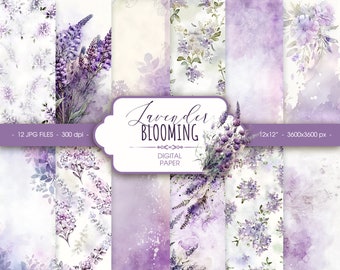 Lavender floral watercolor digital paper, abstract lavender pastel scrapbook paper