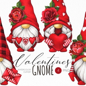 Valentine gnomes PNG clipart. Valentines Day cute gnome watercolor clipart