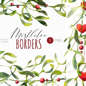 Christmas Mistletoe garland PNG clipart. Mistletoe seamless border decor. Watercolor clipart