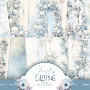 Papier numérique bleu pastel de Noël, papier scrapbook floral d’hiver et fond vintage pour journal, téléchargement numérique