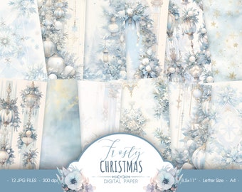 Puede incluir: Un paquete de papel digital con 12 archivos JPG con un tema navideño helado. Los diseños incluyen ilustraciones de acuarela azul y blanca de adornos, guirnaldas y linternas.