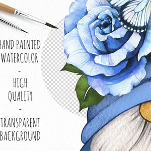 May include: Watercolor painting of a gnome wearing a blue hat with a blue rose and a butterfly on top. The gnome has a white beard and a brown nose.