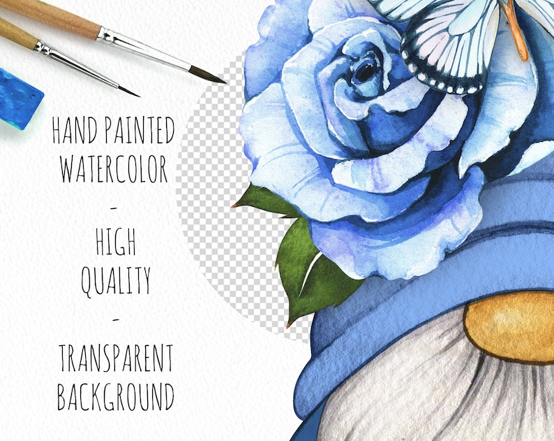 May include: Watercolor painting of a gnome wearing a blue hat with a blue rose and a butterfly on top. The gnome has a white beard and a brown nose.
