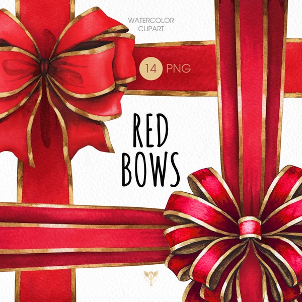Red bow with ribbons PNG clipart.  Watercolor gift bow, holiday wrapping clipart