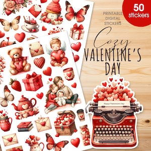 Valentinstag druckbare Aufkleber, DIY Valentinstag niedliches gemütliches Aufkleberpaket für Scrapbooking und Junk Journal, pingelige Seiten digitaler Download