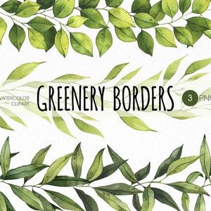 Greenery border PNG clipart. Greenery garland clipart. Watercolor greenery seamless border