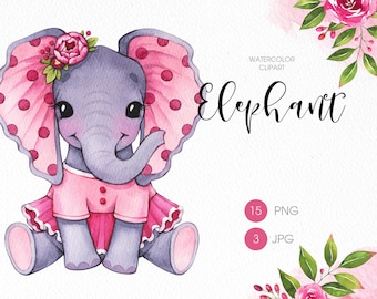 Imágenes prediseñadas de elefante rosa en acuarela, niña bebé PNG (descarga digital)