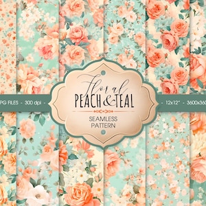 Könnte beinhalten: Zwölf digitale Papiermuster mit Pfirsich- und Türkis-Blumenmustern. Die Muster sind nahtlos und können für Scrapbooking, Kartenherstellung und andere Bastelprojekte verwendet werden.