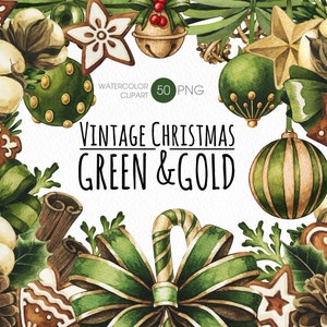 Christmas PNG clipart.  Watercolor Vinatge Christmas Green and Gold elements clipart.