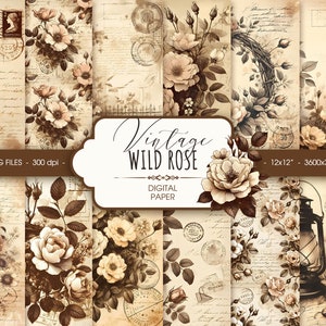 Papel digital Vintage Rose, papel de álbum de recortes de boceto floral retro, fondo grunge para diario, descarga digital