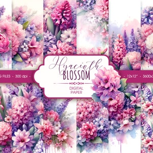 Papier numérique floral rose pourpre printanier, papier de scrapbooking aquarelle jacinthe, arrière-plan abstrait imprimable pour la fête des mères, téléchargement numérique