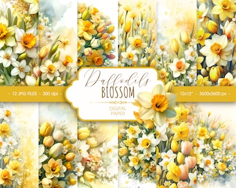 Papel digital floral amarillo primavera, papel de álbum de recortes de acuarela narcisos, fondo amarillo de boda imprimible abstracto, descarga digital