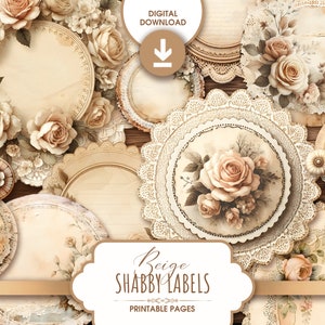 Beige runde Geschenkanhänger in Shabby Chic Style, vintage ausdruckbare DIY Boho Kreisetiketten und Aufkleber für Scrapbooking Junk Journal, digitaler Download