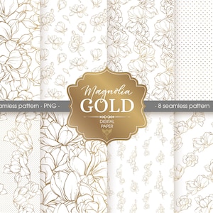 Confezione di carta digitale floreale oro. Line Art Magnolia modello senza cuciture PNG, sovrapposizioni trasparenti per carta digitale, download istantaneo
