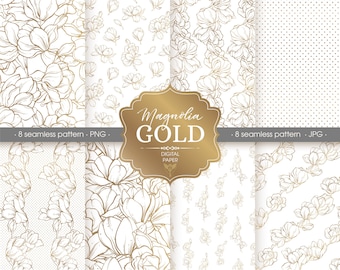 Gold floral Digital paper pack. Line Art Magnolia seamless pattern PNG, transparent overlays for digital paper, instant download