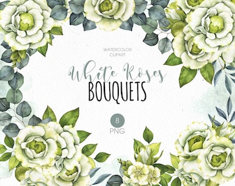 May include: Watercolour clipart of eight white rose bouquets with green leaves. The text "White Roses Bouquets" is written in cursive on a light blue background.