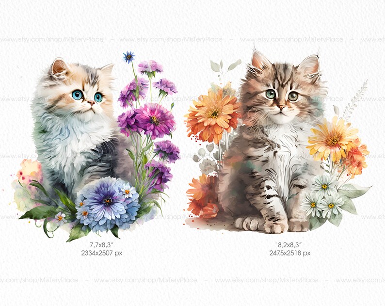 Cat PNG Clipart. Cute Cat Floral Watercolor Clipart. - Etsy